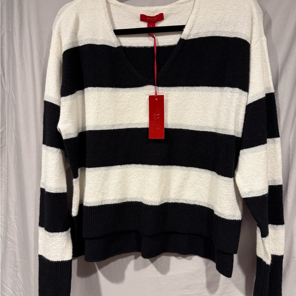 Jennifer Lopez Black White Striped Knit Pullover Sweater V-Neck Long Sleeve S